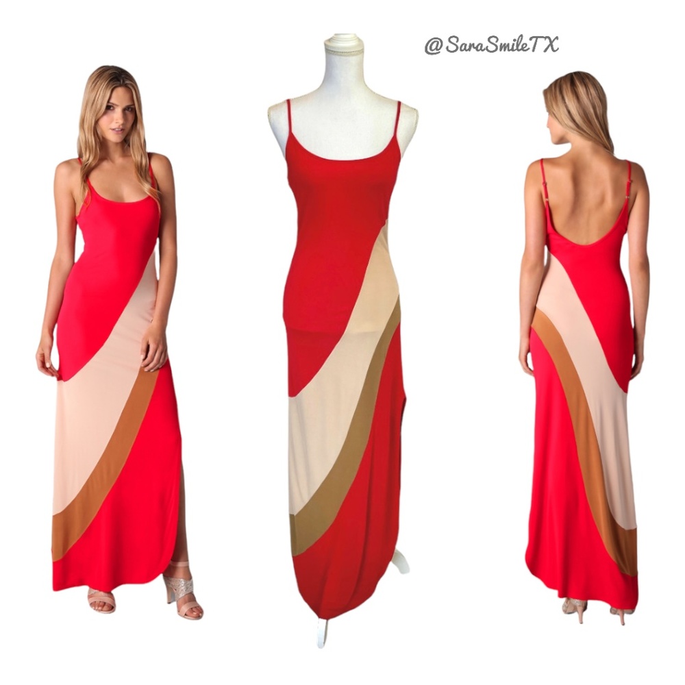 HAUTE HIPPIE Boho Red Tan Brown Wave Low Back Stretch Jersey Maxi Dress - NWOT